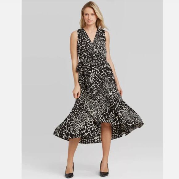 Leopard Animal Print Midi Wrap Dress Womens S Ruffle Hem Sleeveless Fall Neutral - Picture 1 of 14